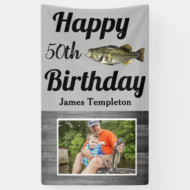 Happy Birthday Bass Fishing Photo Name Father Banner (Vertical)