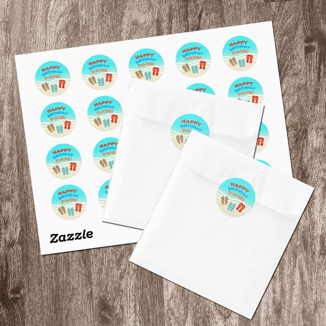 Happy Birthday Beach Party Personalised Classic Round Sticker (Creator Uploaded)