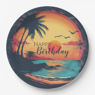 Happy Birthday Beach Retro Themed Paper Plate