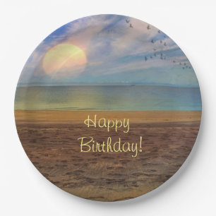 Happy Birthday Beach Sunset Paper Plate