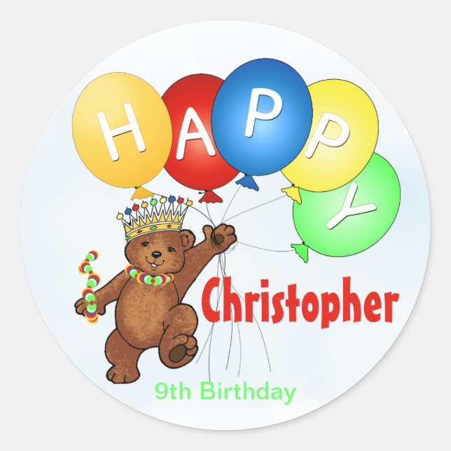 Happy Birthday Bear 9th Birthday Classic Round Sticker (Front)