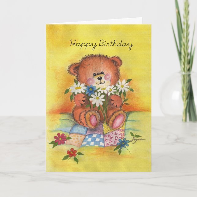 Happy Birthday bear with daisies. Card (Front)