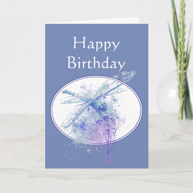 Happy Birthday Beautiful Blue Dragonfly Nature art Card (Front)
