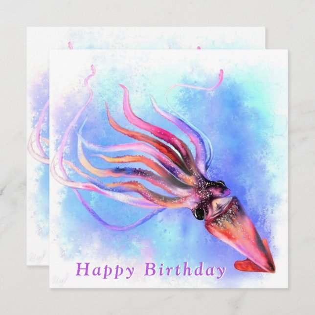 Happy Birthday - Beautiful Colourful Squid Swimmin (Front/Back)