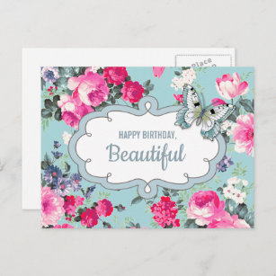 Happy Birthday Beautiful. Flowers & Butterfly Postcard