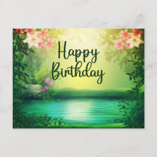 Happy Birthday Beautiful Nature Lake & Flowers  Postcard
