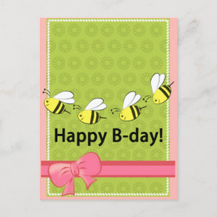 Happy Birthday bees B day pink green fun card