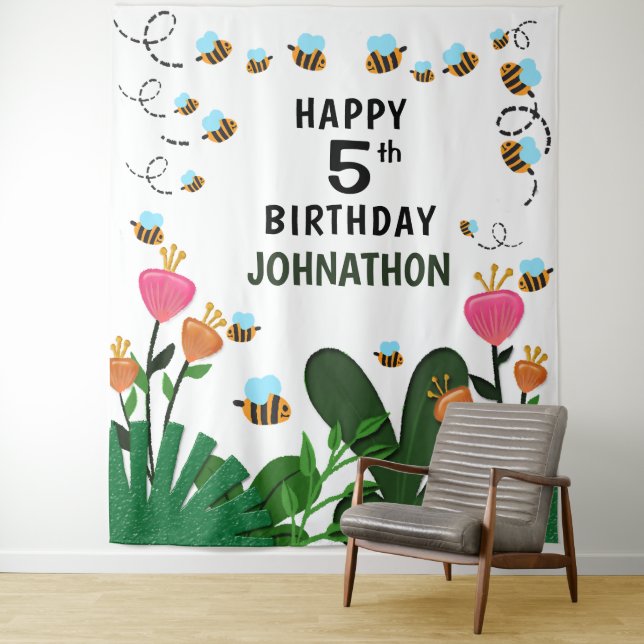 Happy Birthday Bees Flowers Garden Backdrop Tapestry (In Situ)