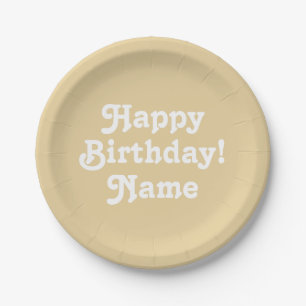 Happy birthday beige custom name photo background paper plate