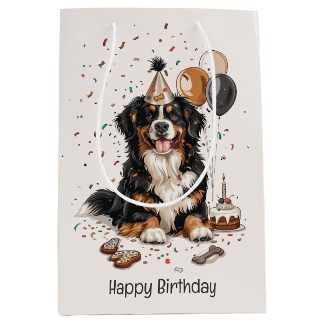 Happy Birthday Bernese Mountain Dog Medium Gift Bag (Front)