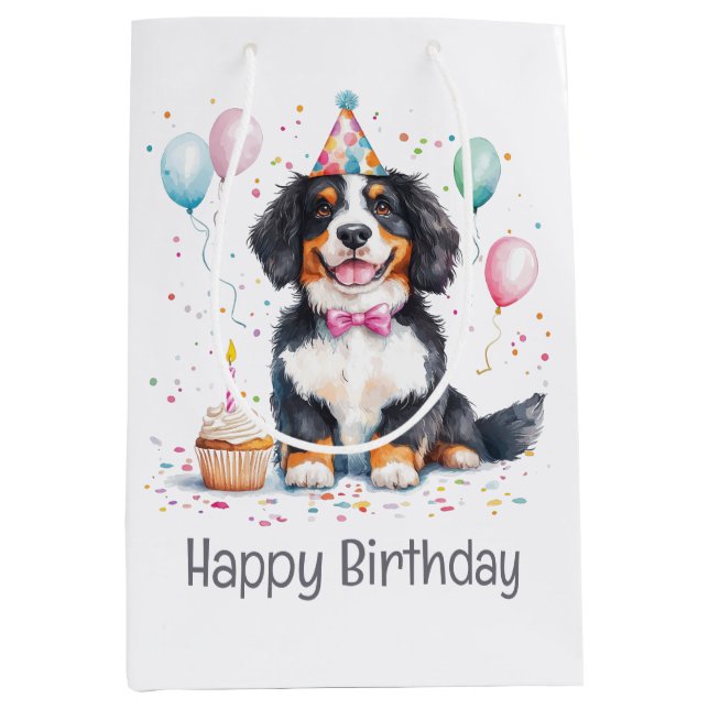Happy Birthday Bernese Mountain Dog Medium Gift Bag (Front)
