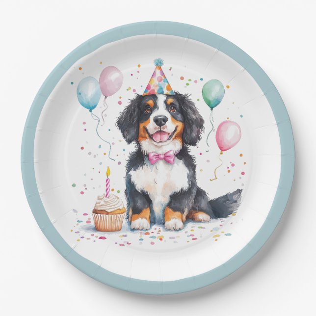 Happy Birthday Bernese Mountain Dog Paper Plate (Front)