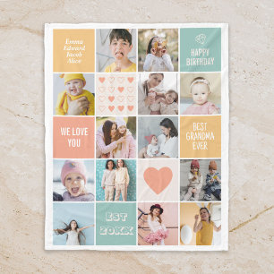 Happy Birthday Best Grandma Photo Collage Retro Fleece Blanket