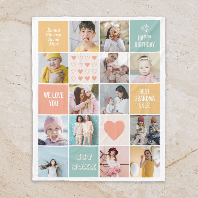 Happy Birthday Best Grandma Photo Collage Retro Fleece Blanket (Grandma Photo Collage Blanket)
