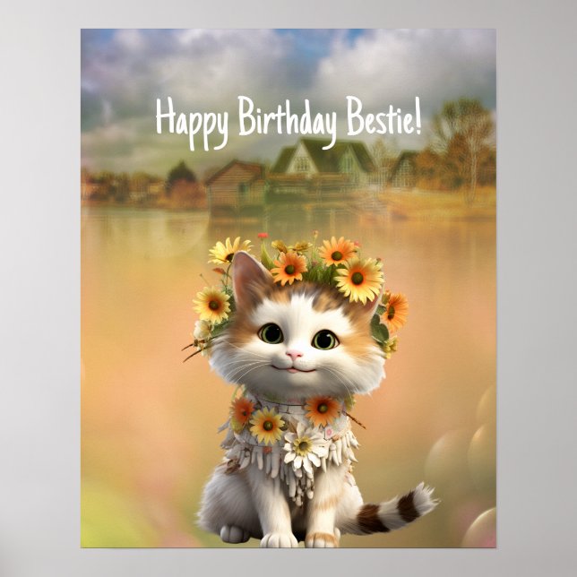 Happy Birthday Bestie Cute Boho Cat Poster (Front)