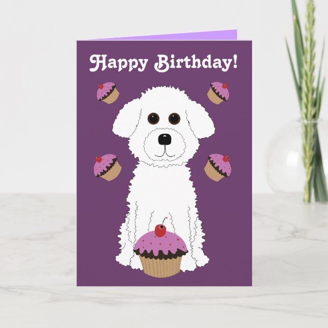 Happy Birthday Bichon with Purple Cupcakes Card (Front)