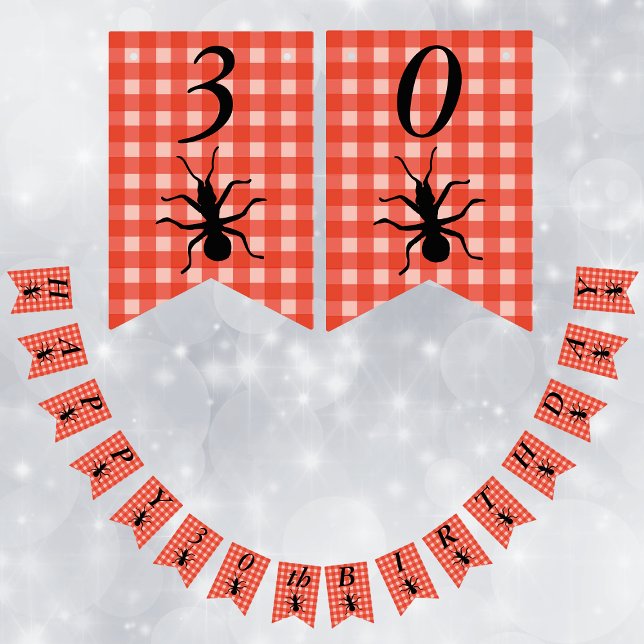 Happy Birthday Big Black Ant Red White Plaid Bunting (Big Black creepy ants on red white picnic tablecloth plaid pattern on Happy Birthday flag banner.)