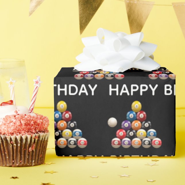 Happy Birthday Billiard Balls on Black Wrapping Paper (Birthday Party)
