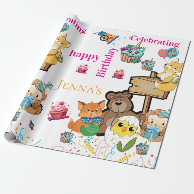Happy Birthday Bird Fox Cat Chick Wrapping Paper (Unrolled)