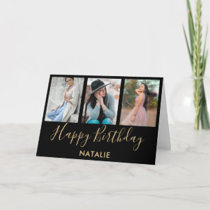Happy Birthday Black and Gold 3 Photo Collage Card
