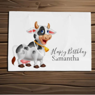 Happy Birthday black and white Cow Large Gift Bag