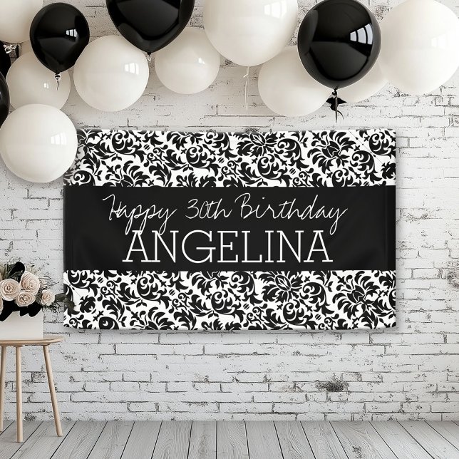 Happy Birthday Black and White Damask - text Banner (Custom Birthday Banner)