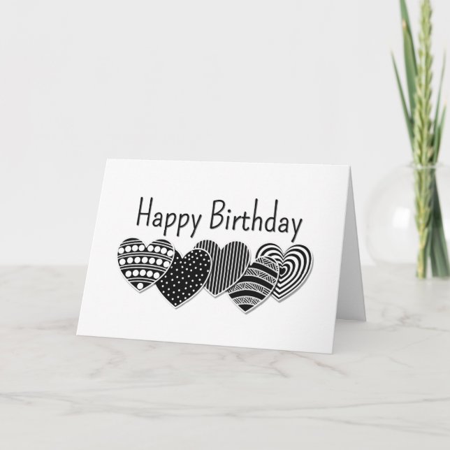 Happy Birthday Black and White Decorative Hearts Card (Front)