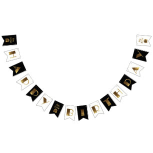 Happy Birthday Black and White Gold Typography Bunting