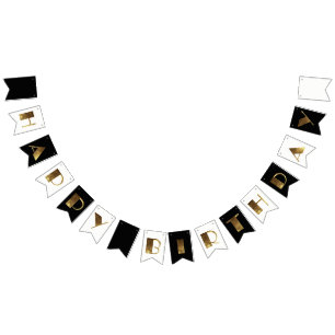 Happy Birthday Black and White Golden Typography Bunting