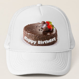 Happy Birthday Black Cake Topped with Strawberries Trucker Hat