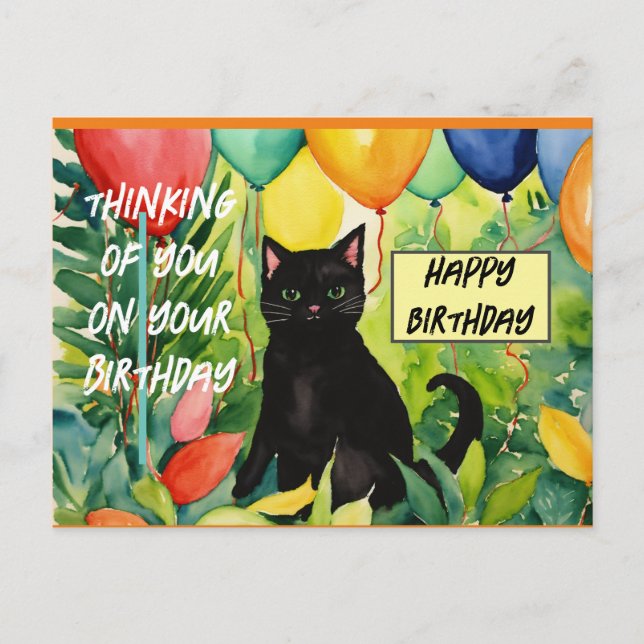 Happy birthday :black cat opening a birthday party invitation postcard (Front)