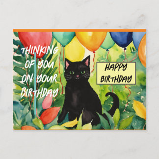Happy birthday :black cat opening a birthday party postcard