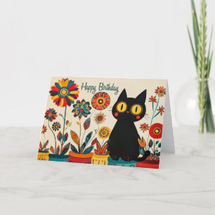 Happy Birthday Black Cat with Flowers Thank You Card