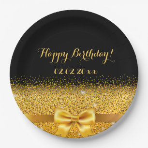 Happy Birthday black gold elegant Paper Plate