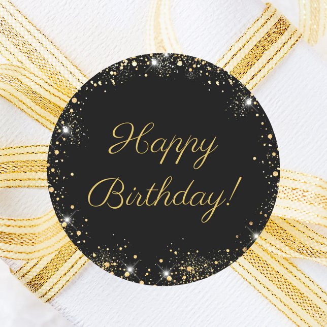 Happy Birthday Black Gold Glitter Classic Round Sticker (Creator Uploaded)