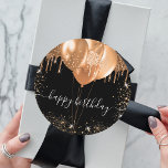 Happy birthday black gold glitter girl classic round sticker<br><div class="desc">A chic black background. Decorated with dark gold faux glitter drips,  paint dripping look, glitter dust and balloons.  With the text: happy birthday written with a modern hand lettered style script with swashes.</div>