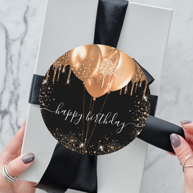Happy birthday black gold glitter girl classic round sticker (Creator Uploaded)