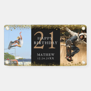 Happy Birthday Black & Gold Glitter Sparkle Party Banner