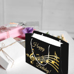 Happy Birthday black gold music notes Large Gift Bag<br><div class="desc">Black background with faux gold music notes. With the text: Happy Birthday! Golden hand lettered style script.</div>