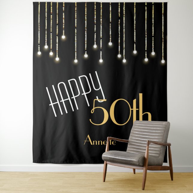 Happy Birthday Black Gold Photo Booth Backdrop Tapestry (In Situ)