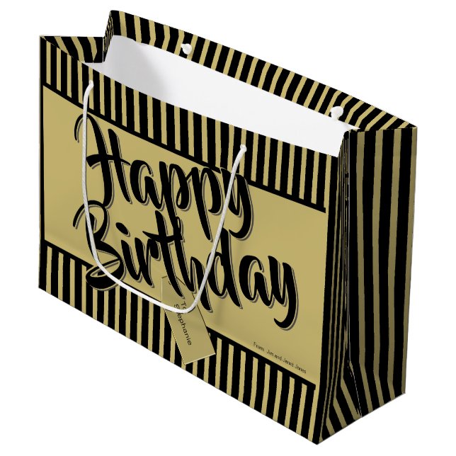 Happy Birthday Black/Gold Simple Stripes Pattern Large Gift Bag (Front Angled)
