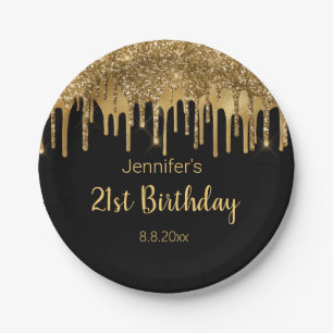 happy birthday black golden dripping glitters paper plate