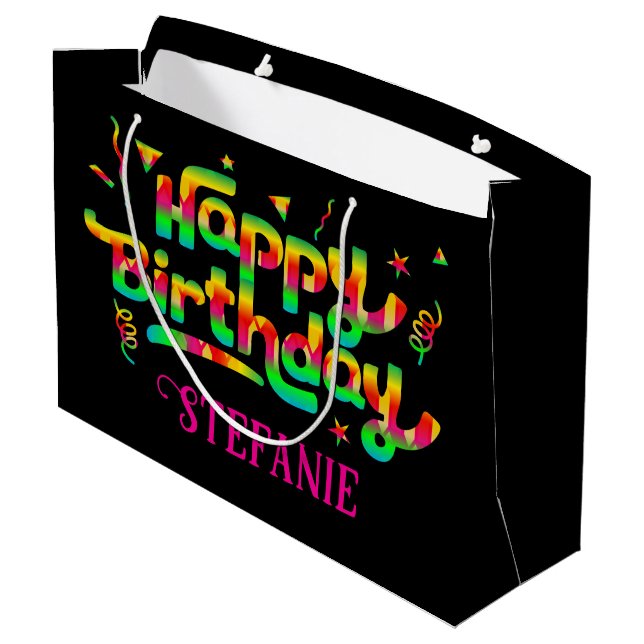 Happy Birthday Black Personalised Name Birthday Large Gift Bag (Back Angled)