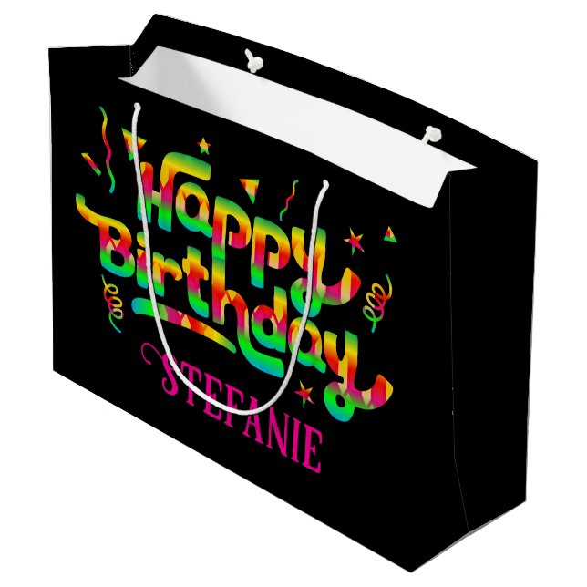 Happy Birthday Black Personalised Name Birthday Large Gift Bag (Back Angled)