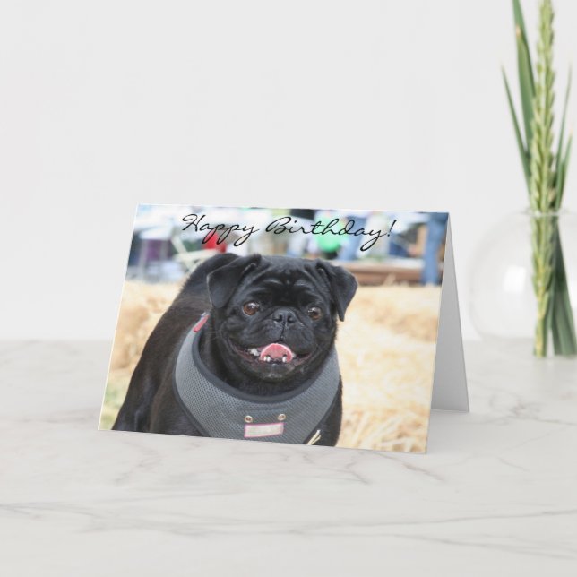 Happy Birthday Black Pug greeting card (Front)
