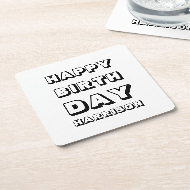 Happy Birthday black white custom name modern Square Paper Coaster (Angled)