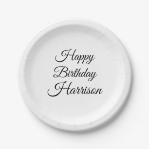 Happy Birthday black white custom script name  Paper Plate