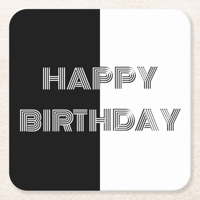 Happy Birthday Black White Op Art Elegant Chic Square Paper Coaster (Front)