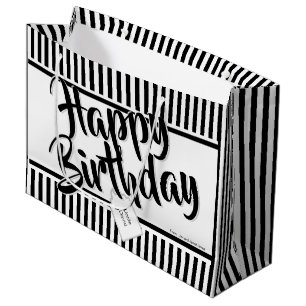 Happy Birthday Black/White Simple Stripes Pattern Large Gift Bag