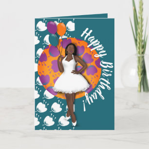 Happy Birthday! Black Woman, Balloons & Flowers Card